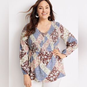 Maurice’s plus long sleeve boho patchwork smocked peplum top size 1X